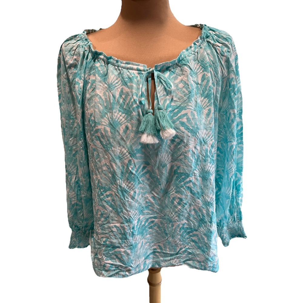 Vineyard Vines Light Blue Beachy Palm Print Top Size Large Preppy Resort Coastal